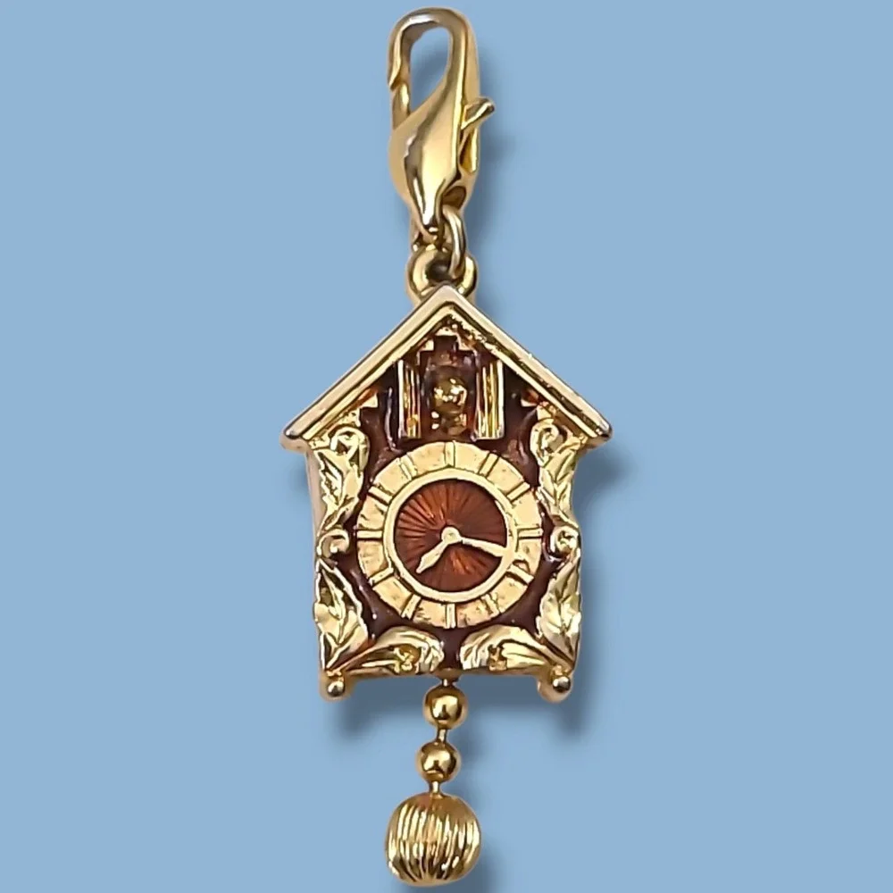 Vintage Clip-on Cuckoo Clock Charm Gold Tone Brown Enamel